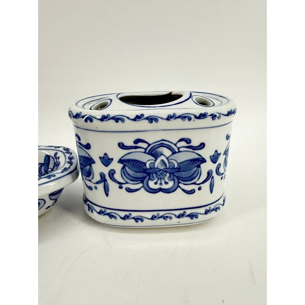 Unbranded Bathroom Vanity Set 1970s OS Blue White Floral Ceramic 2pc Vintage